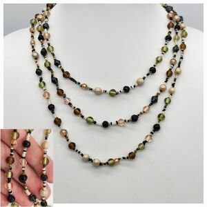 Earth Tone Glass Bead Long or Layer Amber Cream Black Peachy Pink Necklace